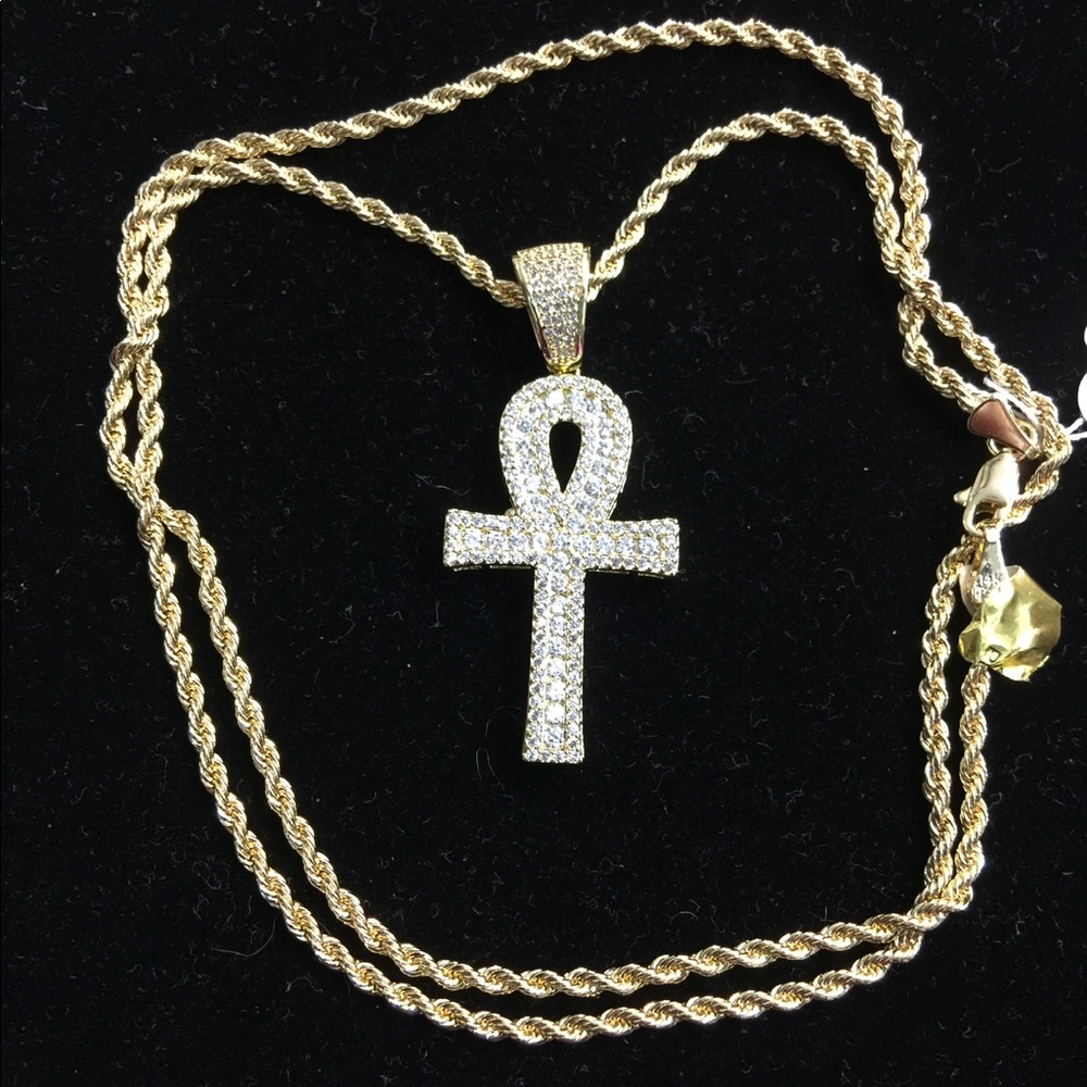 Gold Plated 24 in chain 3D Micropave Ankh Cross